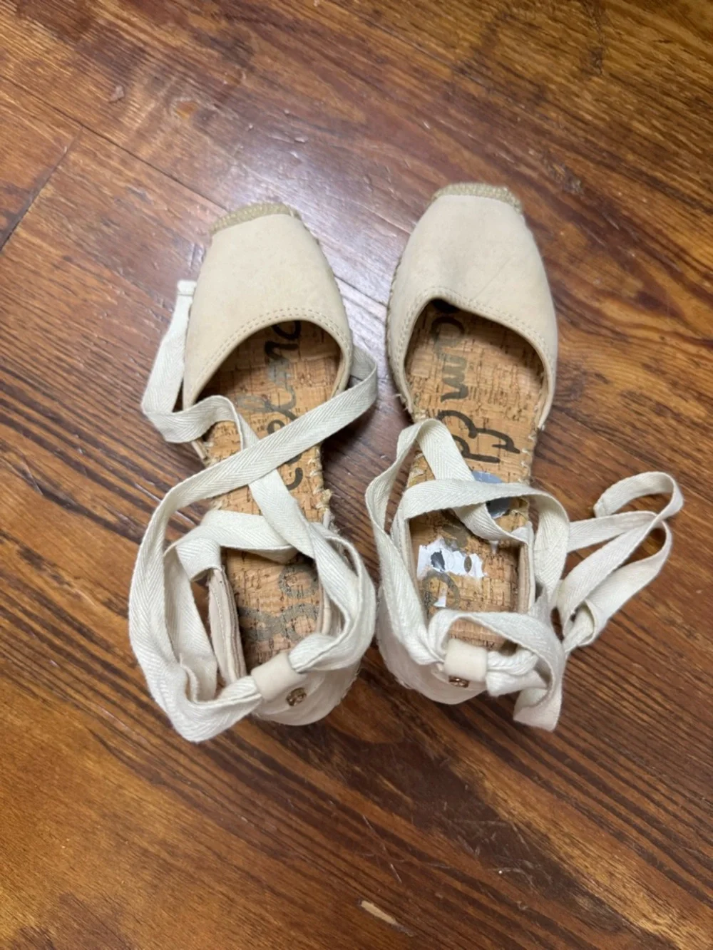 Sam Edelman Leather Beige Espadrille Wedge Sandals with Ankle Ties - Picture 3 of 6